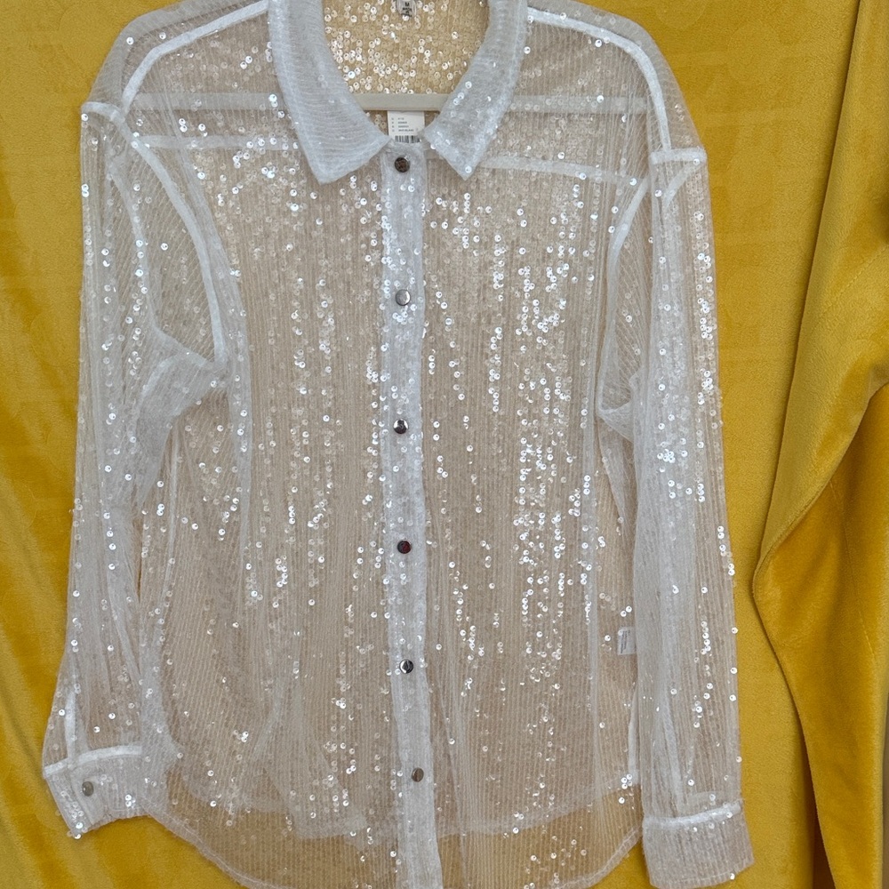 Elegant Sheer Sequin Button-Down Shirt